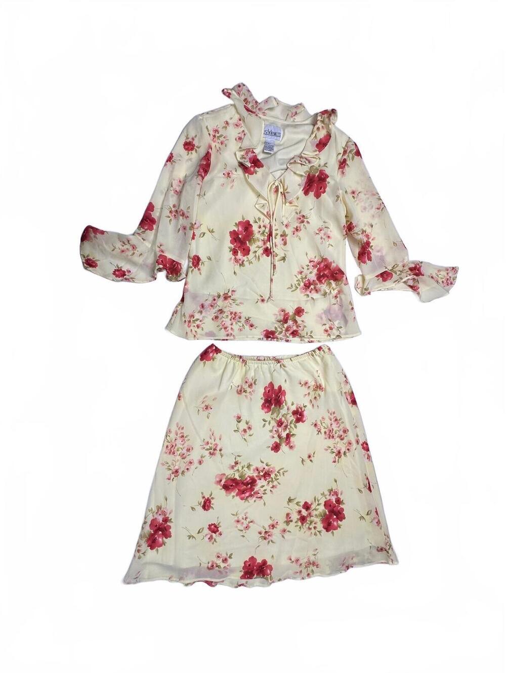 Just In Thyme Ltd Floral 2 Piece Skirt Blouse Set Size 10 Cream Pink Ruffle
